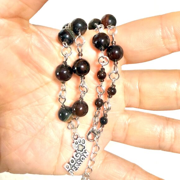 Genuine Dark Brown Agate Necklace, Natural Gemstone & Dog Person Paw Print Charm - Picture 15 of 15